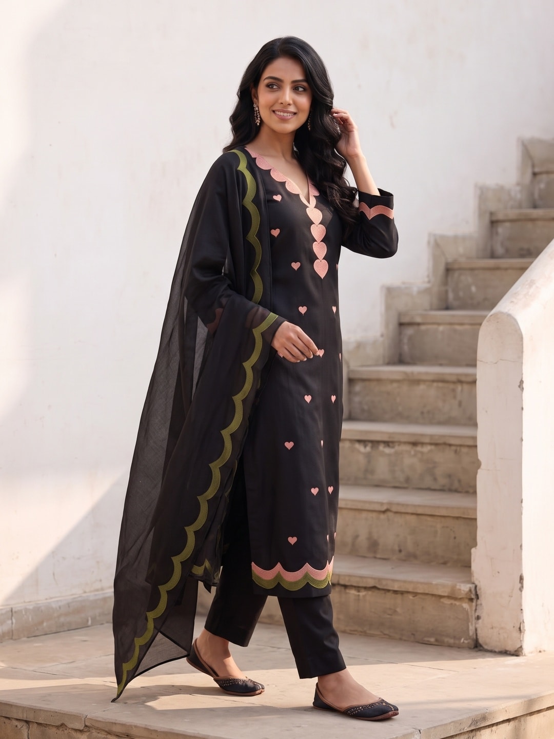 Peachmode Black Poly Rayon Unstitched Dress Material With Heart Motif Embroidery And Scalloped Chanderi Dupatta - Image 5