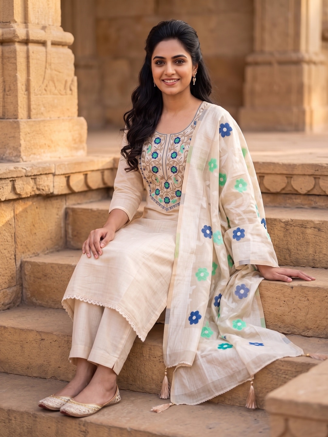 Peachmode Cream Jamdani Cotton Unstitched Dress Material With Multi Thread Work Yoke And Jamdani Zari Dupatta - Image 5