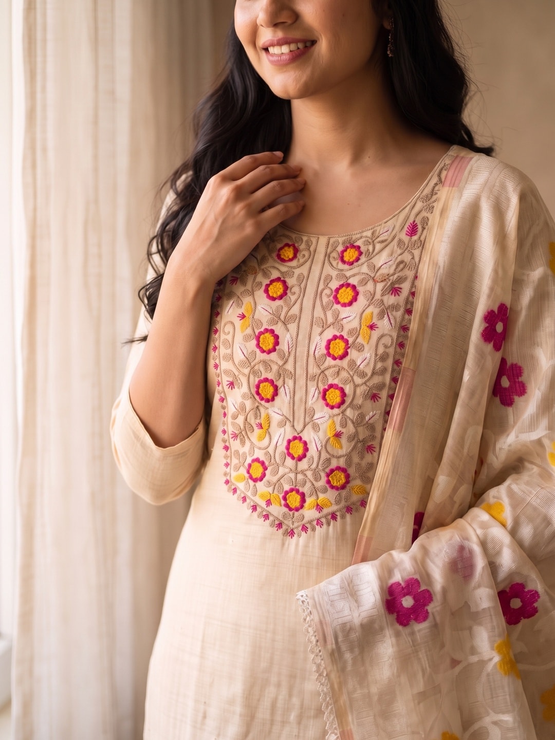 Peachmode Cream Jamdani Cotton Unstitched Dress Material With Multi Thread Work Yoke And Jamdani Zari Dupatta - Image 4