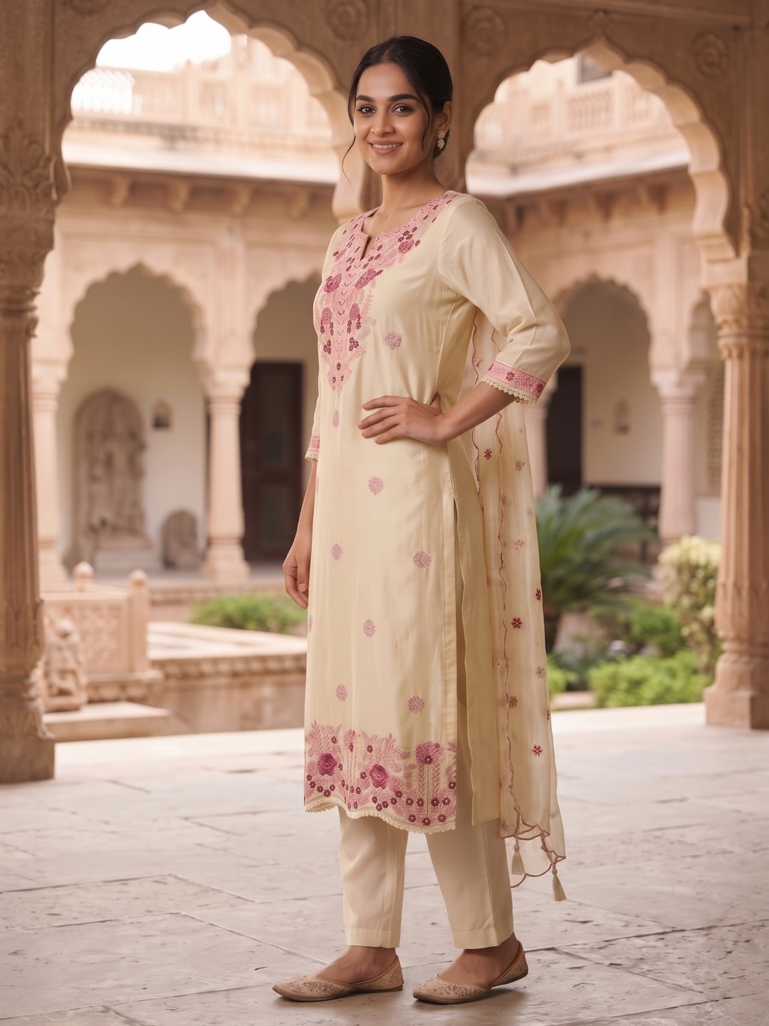 Peachmode Cream Viscose Blend Floral Embroidered Salwar Suit with Mul Chanderi Dupatta - Image 3