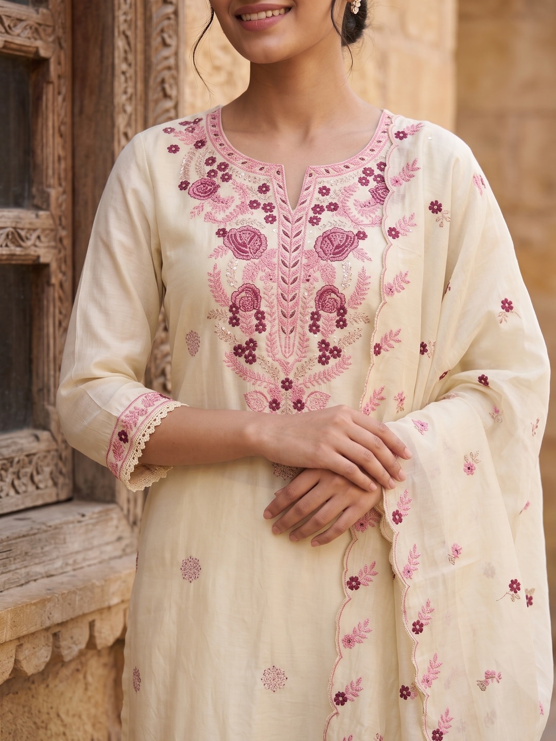 Peachmode Cream Viscose Blend Floral Embroidered Salwar Suit with Mul Chanderi Dupatta - Image 5