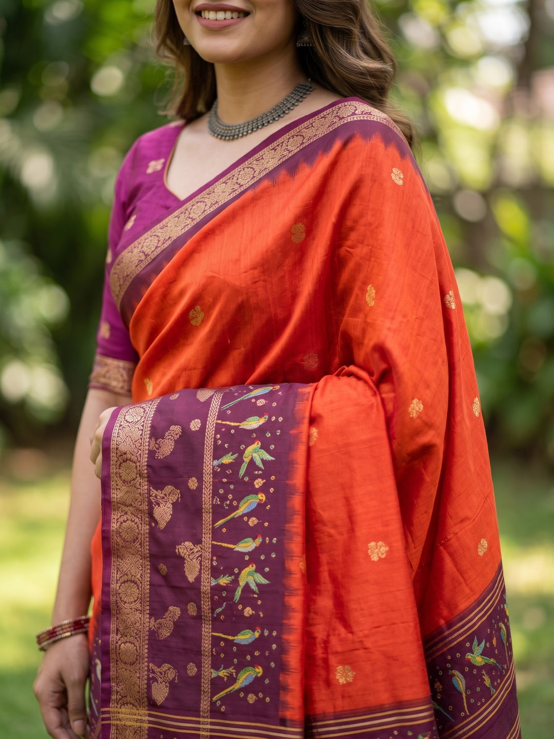 Peachmode Orange Zari Butta Art Silk Saree - Image 5