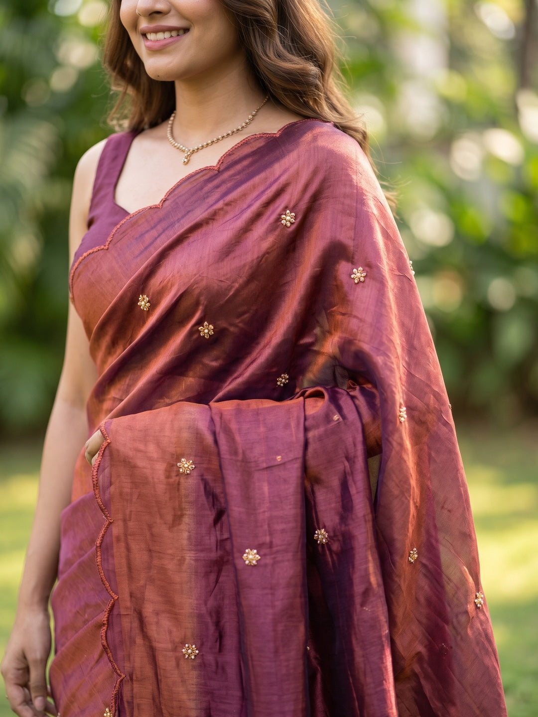 Peachmode Wine Fendy Satin Saree With Beads Work - Image 5