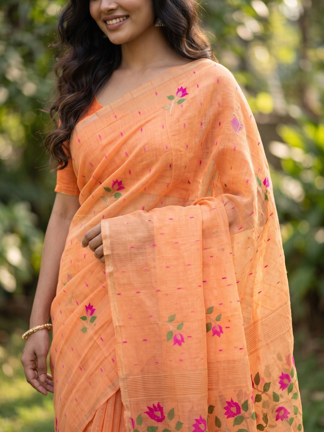 Peachmode Orange Floral Jamdani Woven Saree - Image 5
