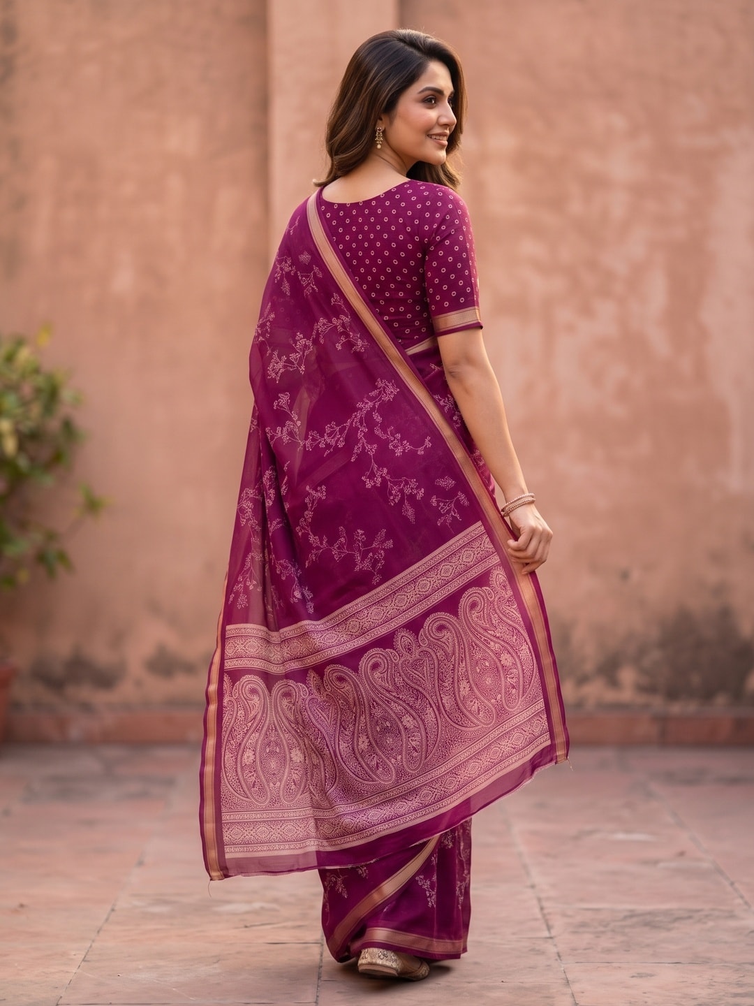 Peachmode Magenta Floral Paisley Moss Georgette Digital Printed Saree With Zari Border - Image 2