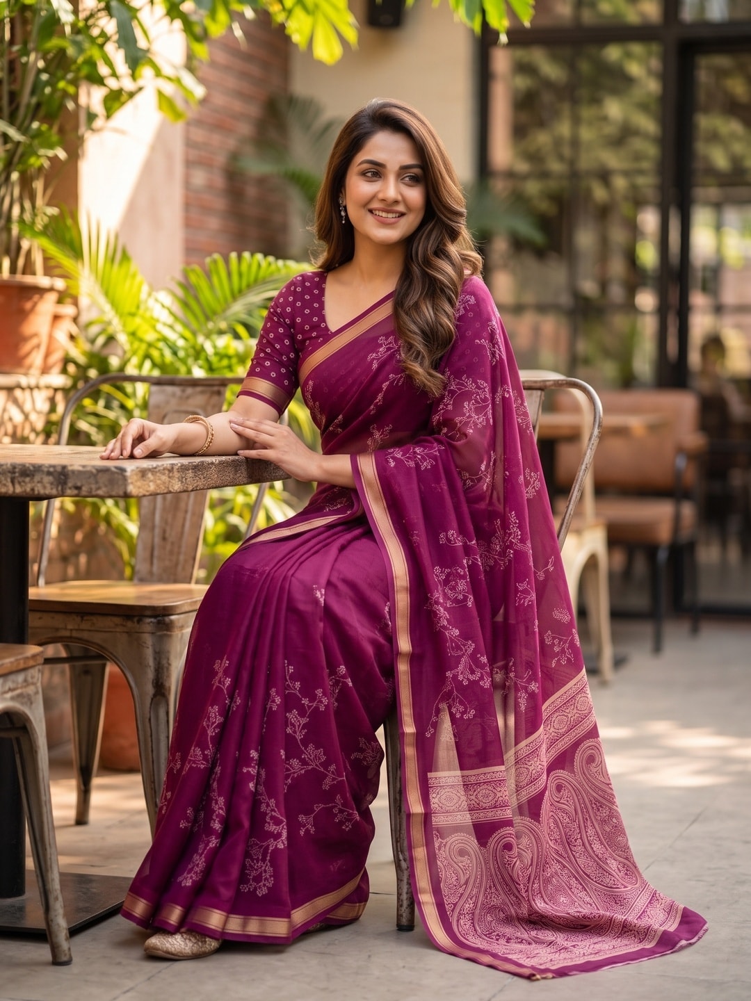 Peachmode Magenta Floral Paisley Moss Georgette Digital Printed Saree With Zari Border - Image 5