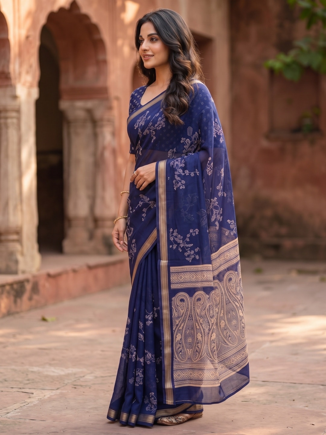 Peachmode Navy Blue Floral Paisley Moss Georgette Digital Printed Saree With Zari Border - Image 3