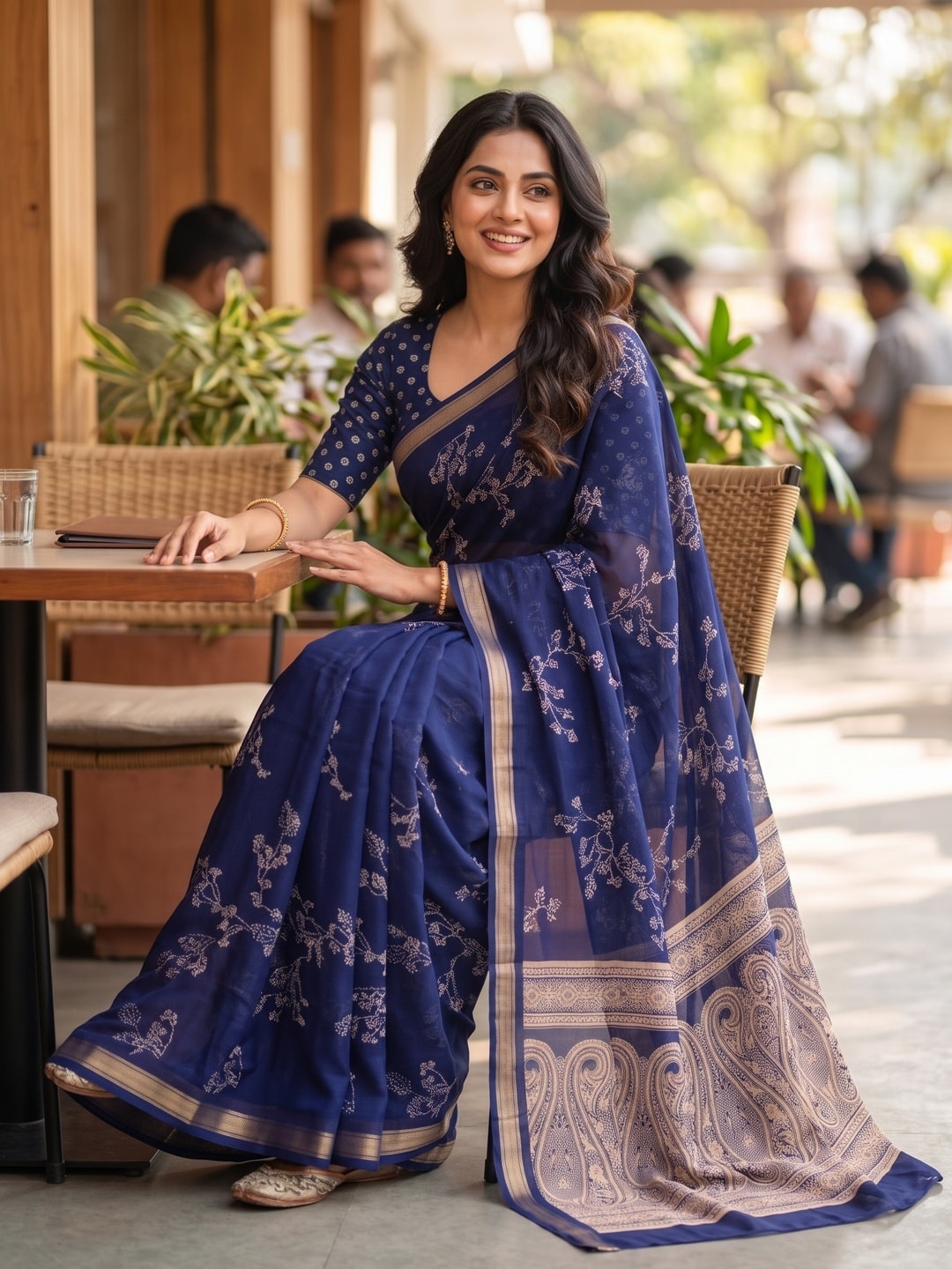 Peachmode Navy Blue Floral Paisley Moss Georgette Digital Printed Saree With Zari Border - Image 5