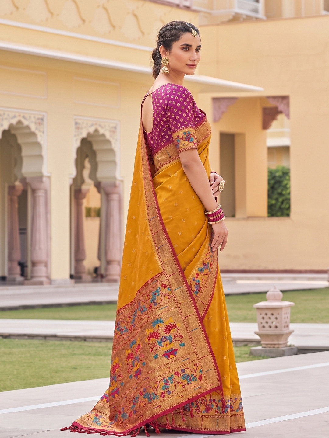 Peachmode Mustard Paithani Style Zari Border Silk Saree With Heavy Pallu - Image 3