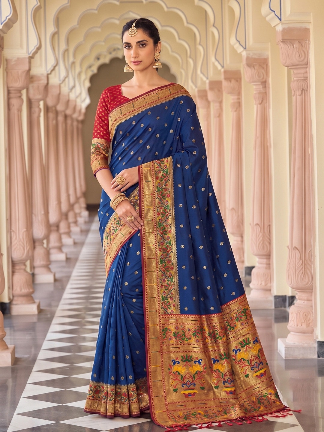 Peachmode Navy Blue Paithani Style Zari Border Silk Saree With Heavy Pallu - Image 1