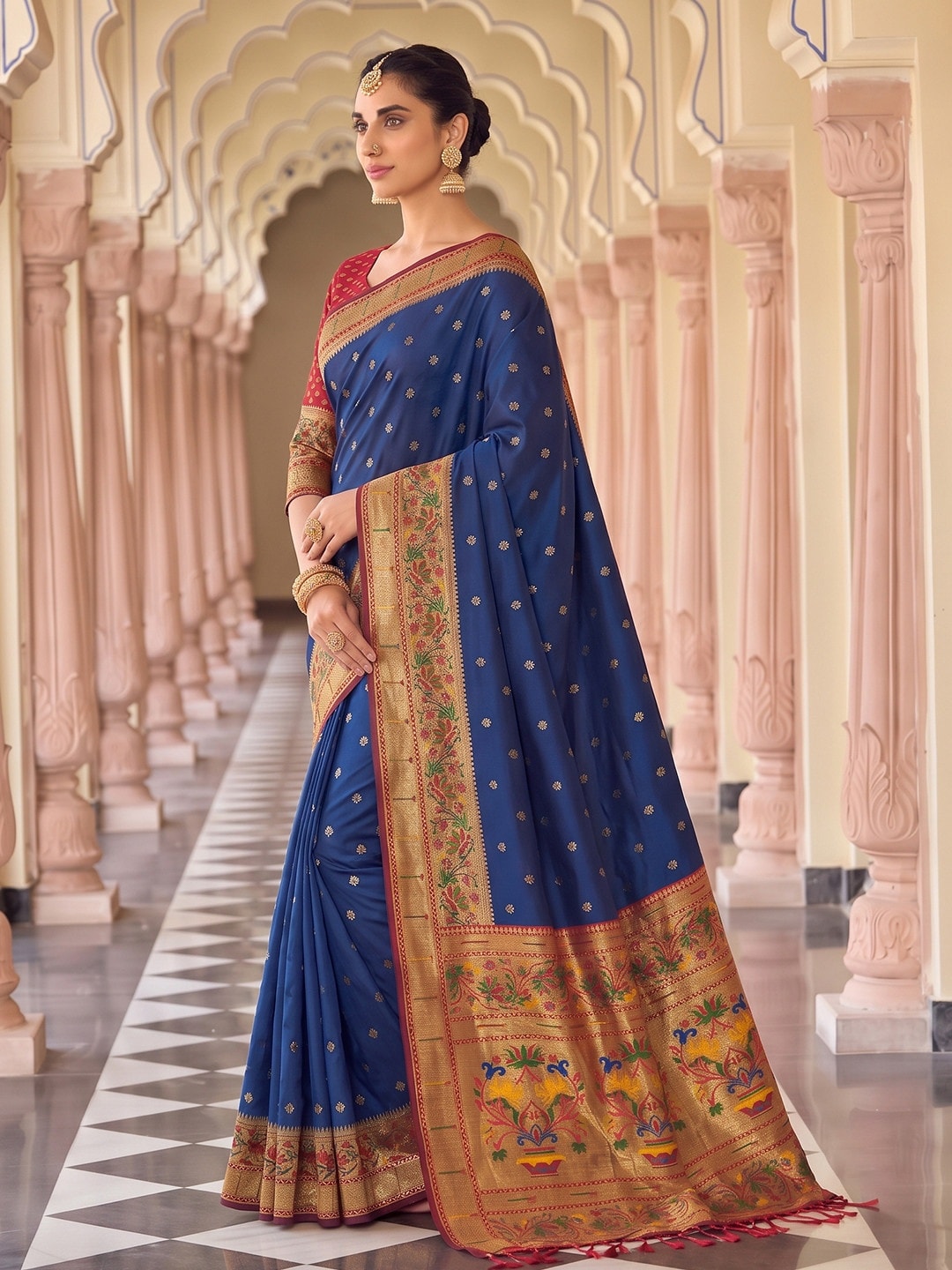 Peachmode Navy Blue Paithani Style Zari Border Silk Saree With Heavy Pallu - Image 3
