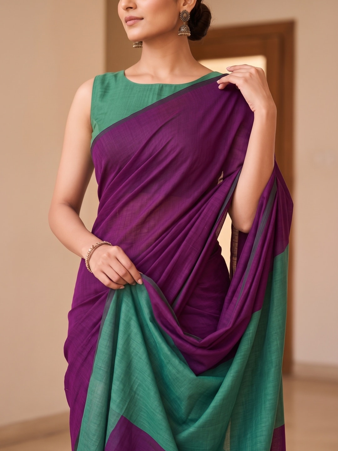 Peachmode Wine Two Tone Mul Cotton Saree With Contrast Pallu - Image 4