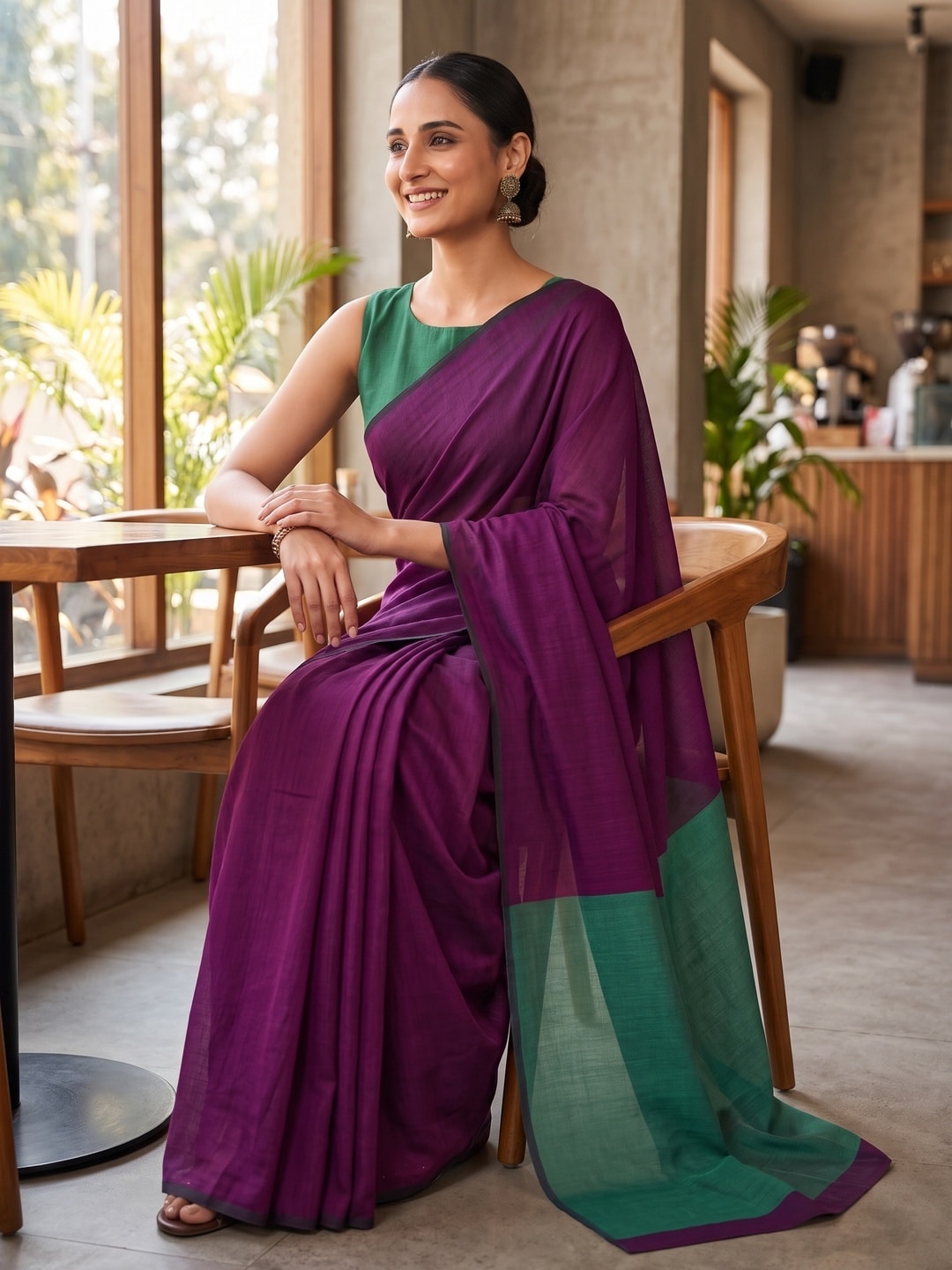 Peachmode Wine Two Tone Mul Cotton Saree With Contrast Pallu - Image 5