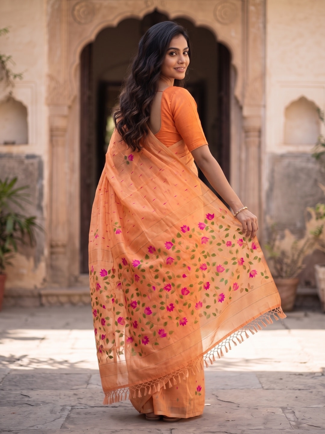 Peachmode Orange Floral Jamdani Woven Saree - Image 2