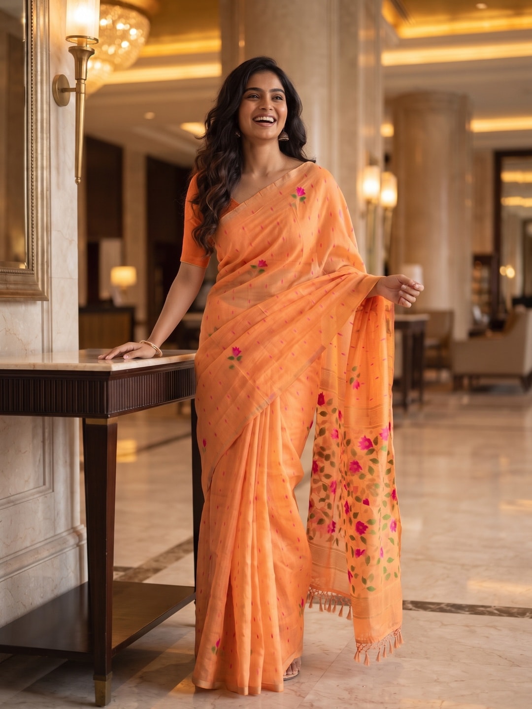 Peachmode Orange Floral Jamdani Woven Saree - Image 4