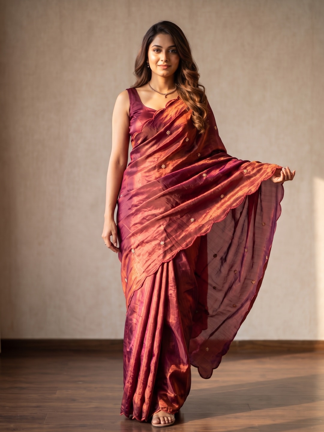 Peachmode Wine Fendy Satin Saree With Beads Work - Image 1