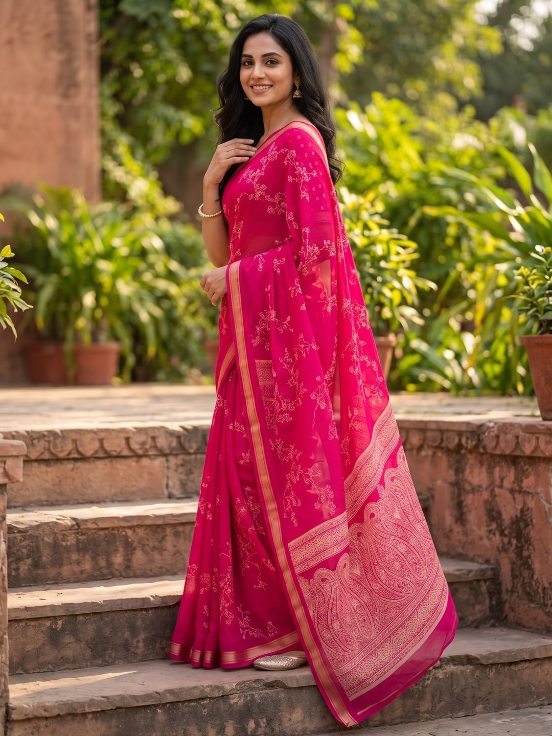 Peachmode Rani Pink Floral Paisley Moss Georgette Digital Printed Saree With Zari Border - Image 3