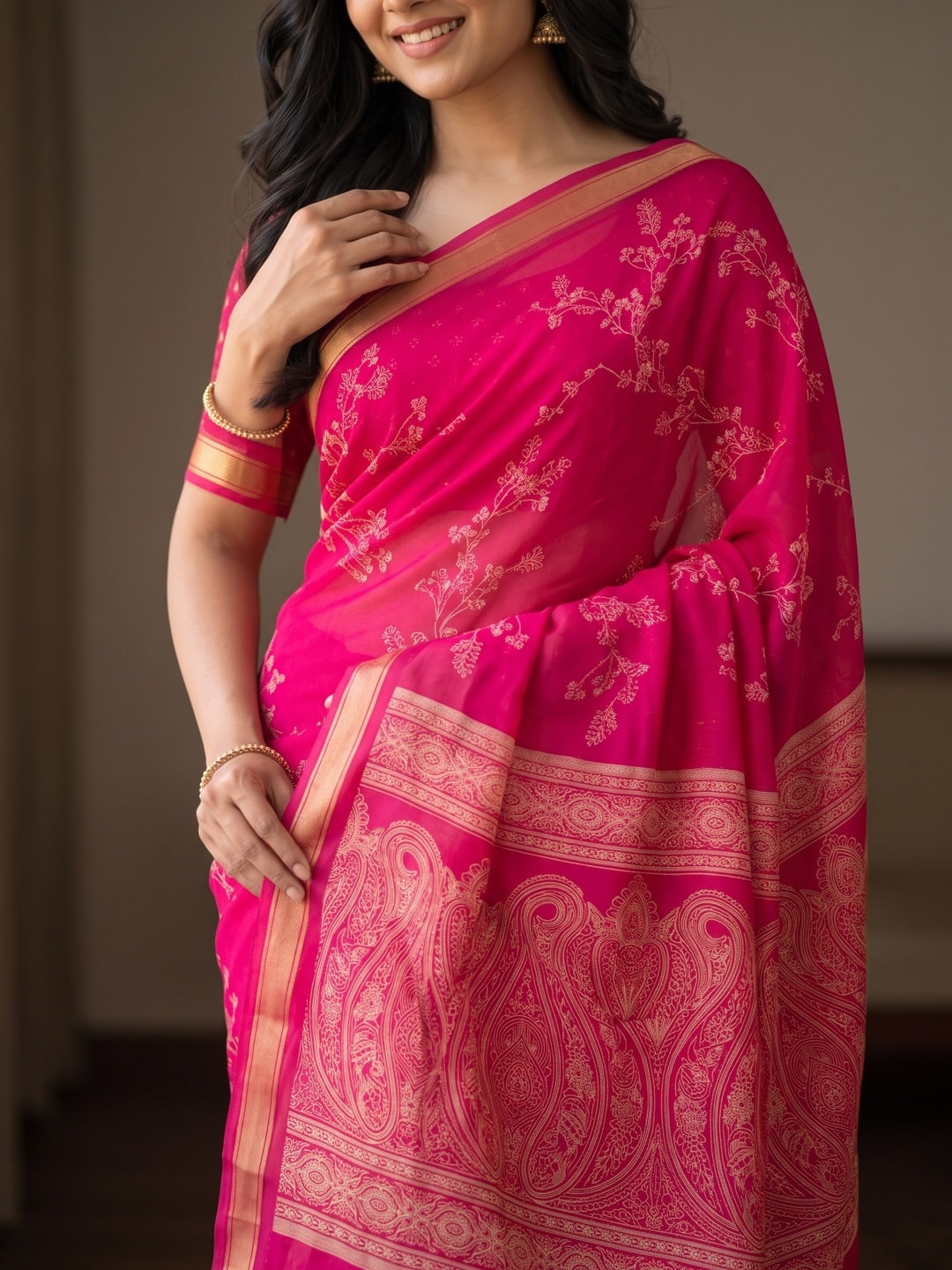 Peachmode Rani Pink Floral Paisley Moss Georgette Digital Printed Saree With Zari Border - Image 4