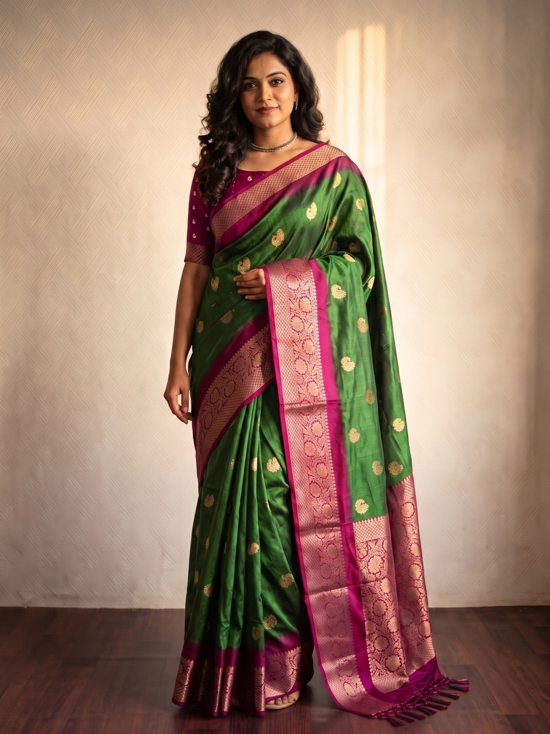 Peachmode Green Zari Butta Art Silk Saree - Image 1