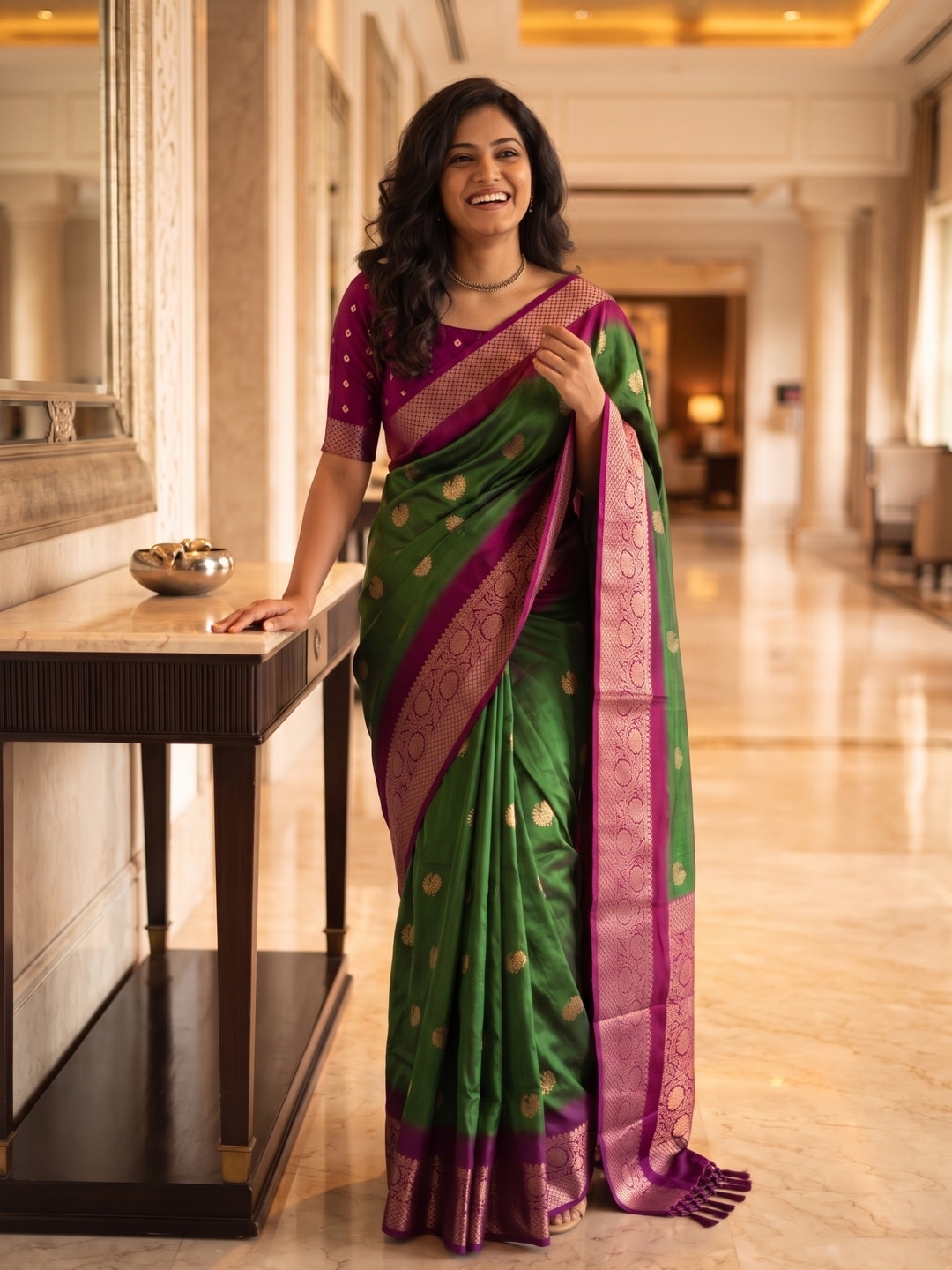 Peachmode Green Zari Butta Art Silk Saree - Image 4