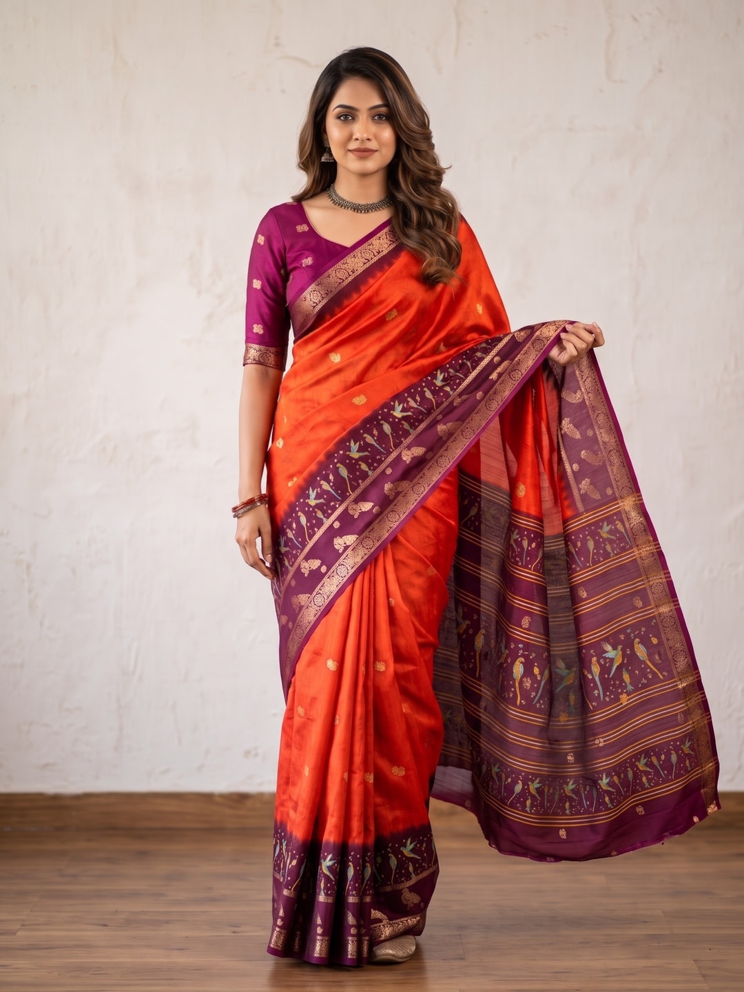 Peachmode Orange Zari Butta Art Silk Saree - Image 1