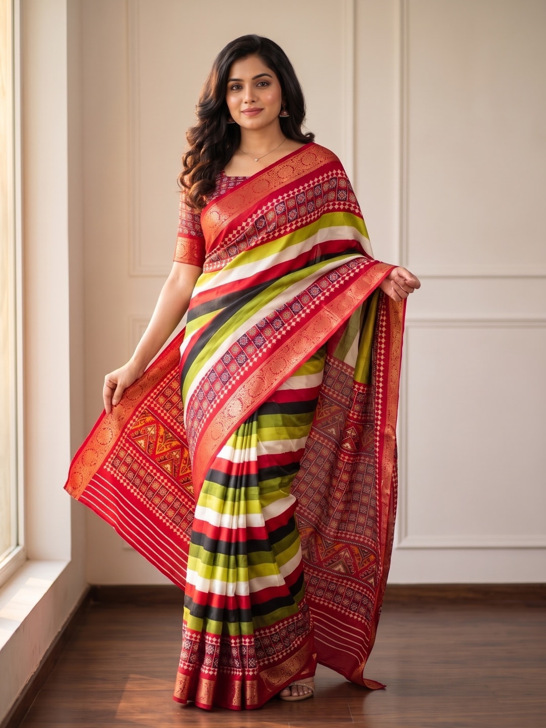 Peachmode Multi Striped Printed Art Silk Saree - Image 1