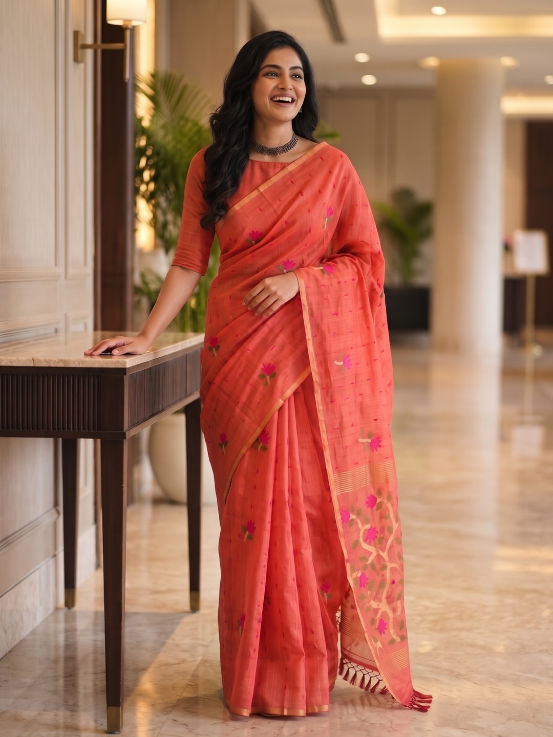 Peachmode Coral Floral Jamdani Woven Saree - Image 4