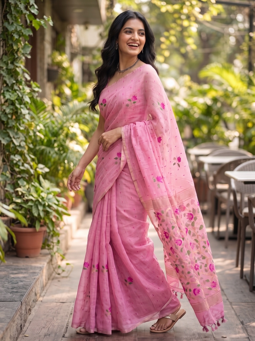 Peachmode Pink Floral Jamdani Woven Saree - Image 3