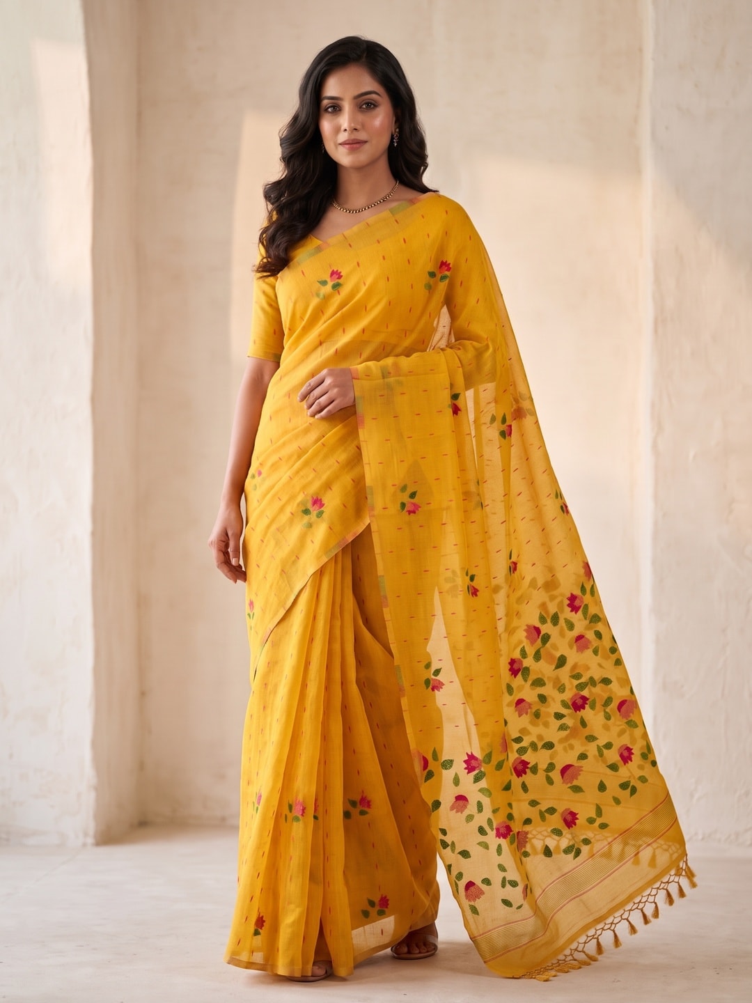 Peachmode Mustard Floral Jamdani Woven Saree - Image 1