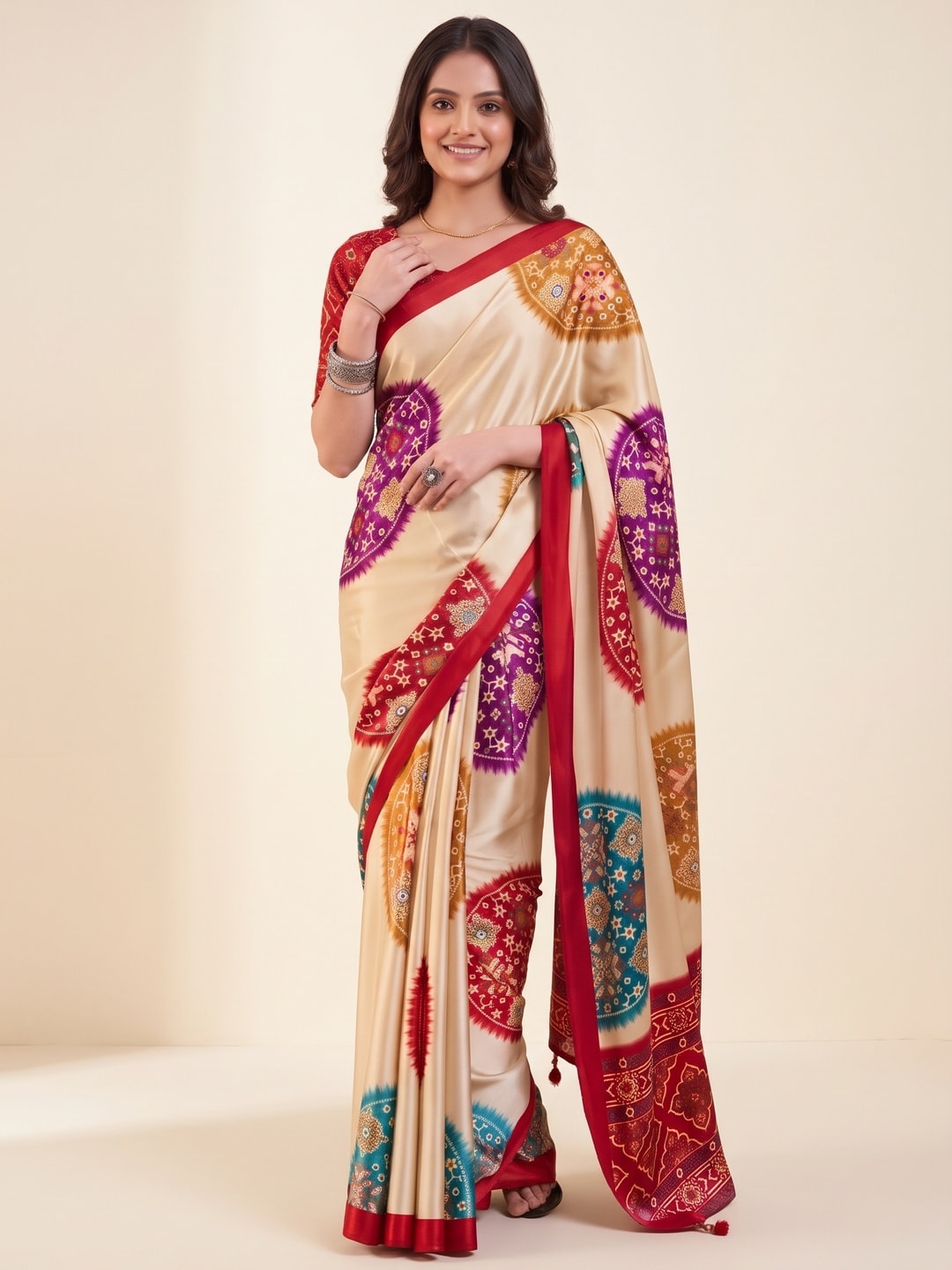 Peachmode Red Patola Print Chinon Saree - Image 1