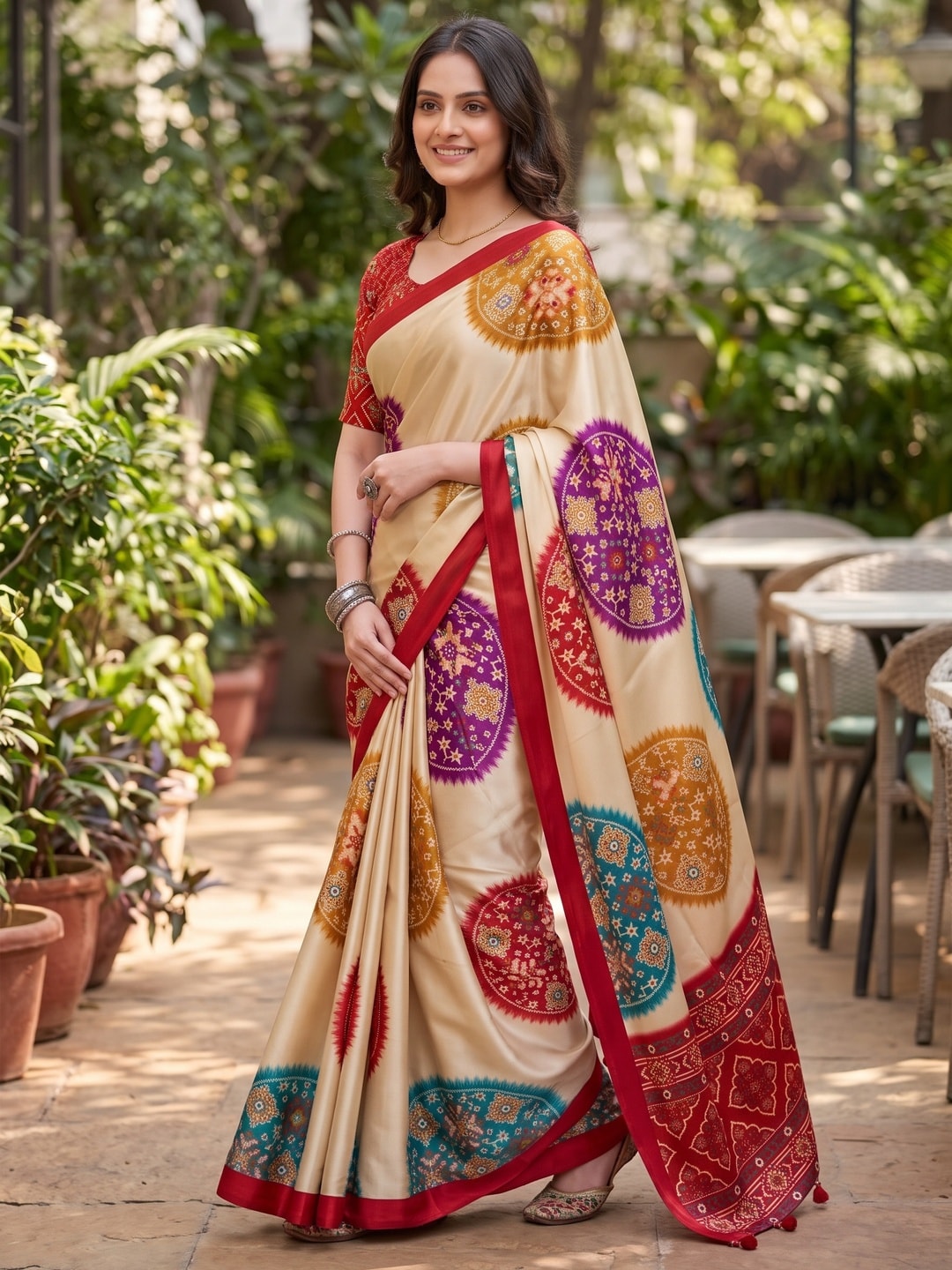 Peachmode Red Patola Print Chinon Saree - Image 3