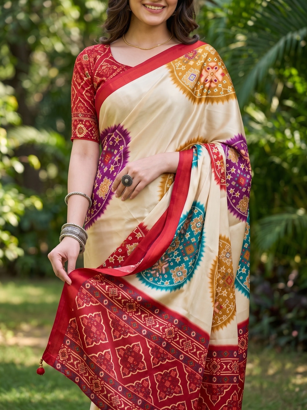 Peachmode Red Patola Print Chinon Saree - Image 5
