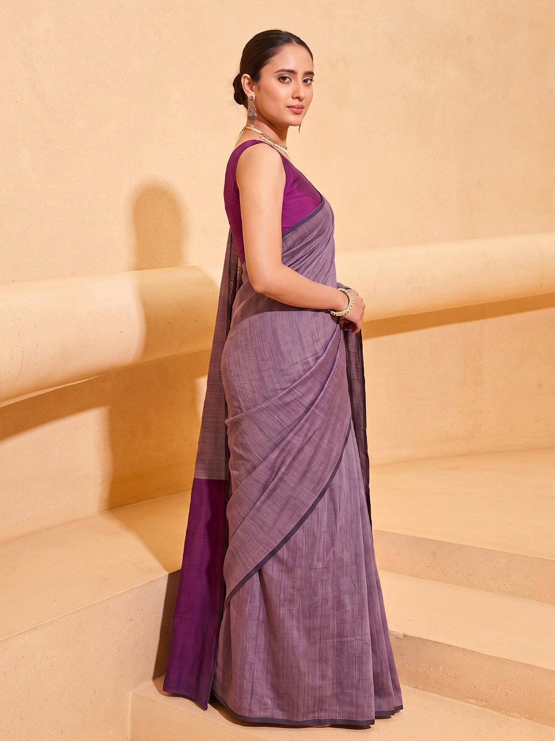 Peachmode Mauve Two Tone Mul Cotton Saree With Contrast Pallu - Image 3