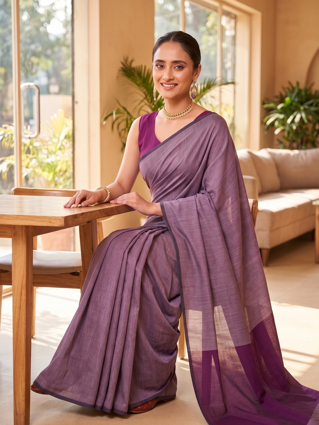 Peachmode Mauve Two Tone Mul Cotton Saree With Contrast Pallu - Image 5