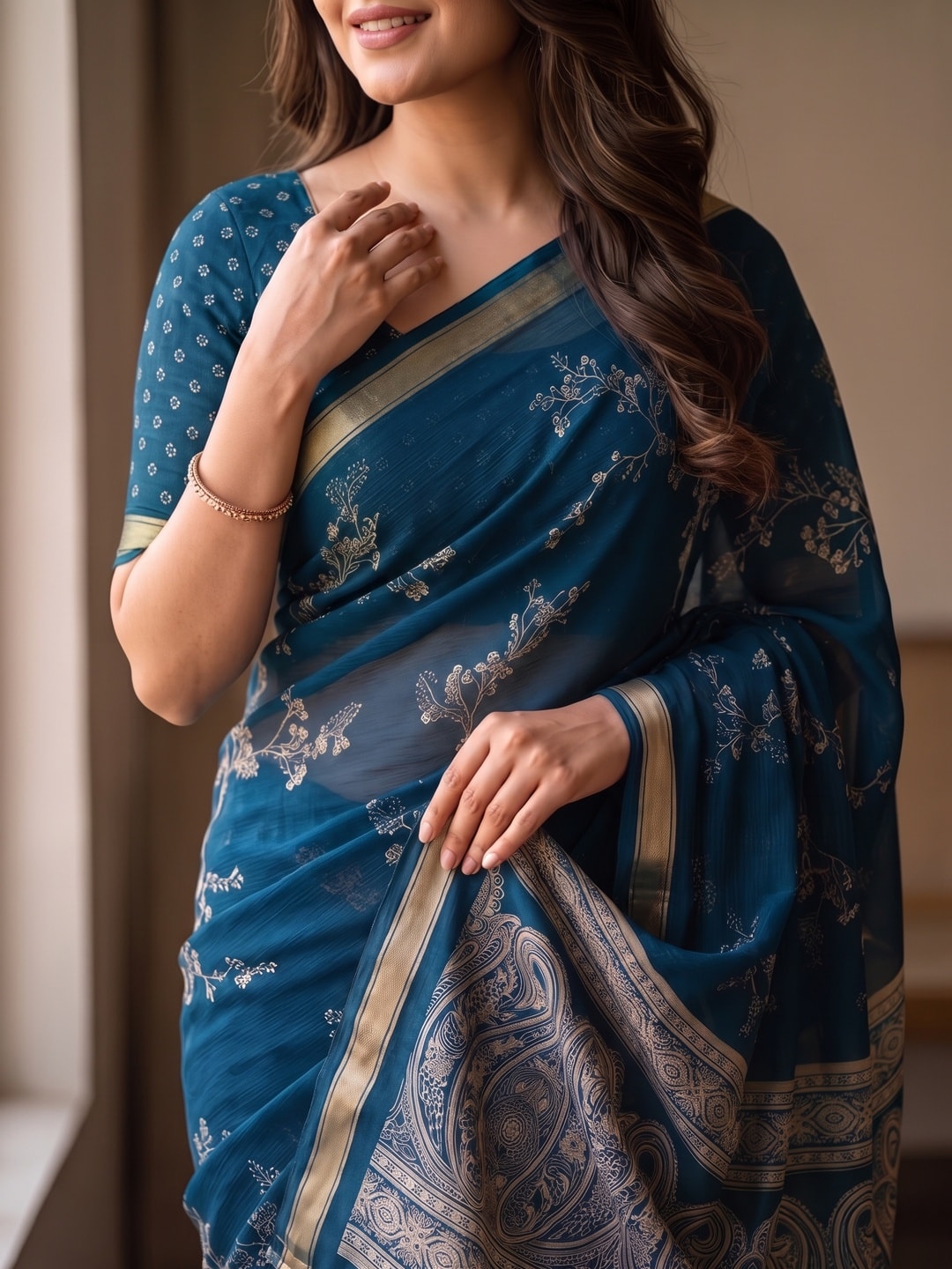 Peachmode Peacock Blue Floral Paisley Moss Georgette Digital Printed Saree With Zari Border - Image 4