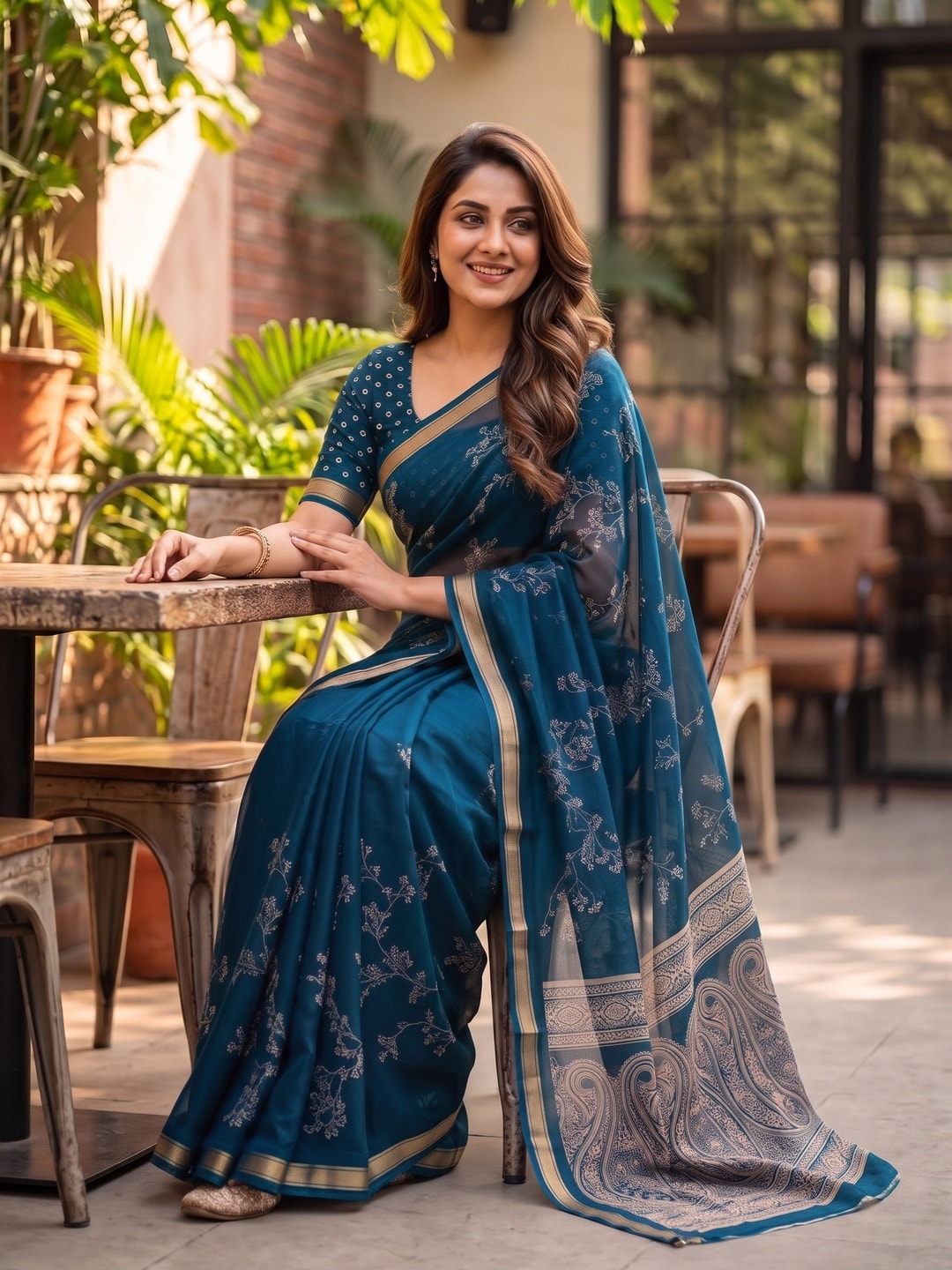 Peachmode Peacock Blue Floral Paisley Moss Georgette Digital Printed Saree With Zari Border - Image 5
