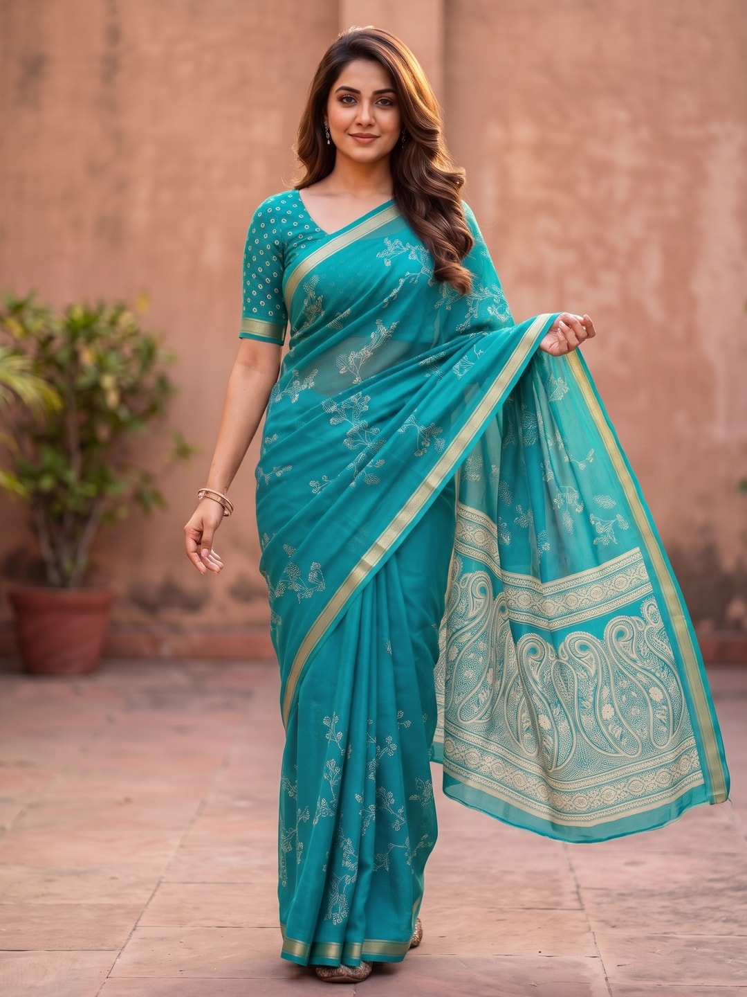 Peachmode Turquoise Floral Paisley Moss Georgette Digital Printed Saree With Zari Border - Image 1