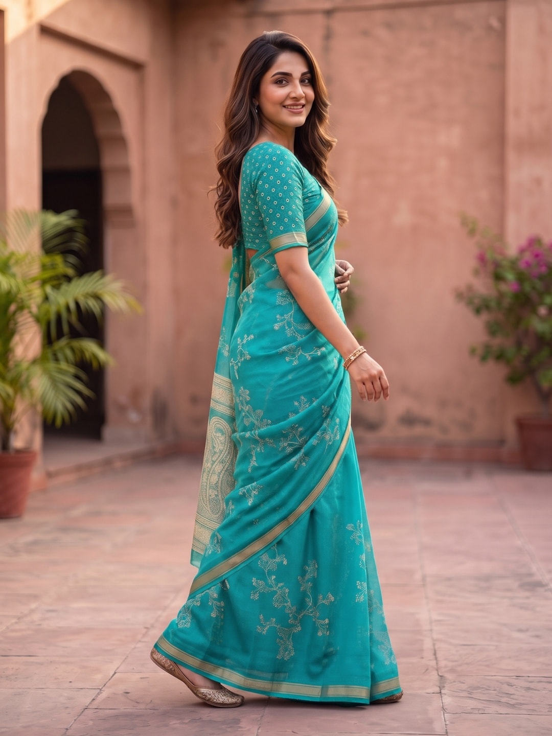 Peachmode Turquoise Floral Paisley Moss Georgette Digital Printed Saree With Zari Border - Image 3