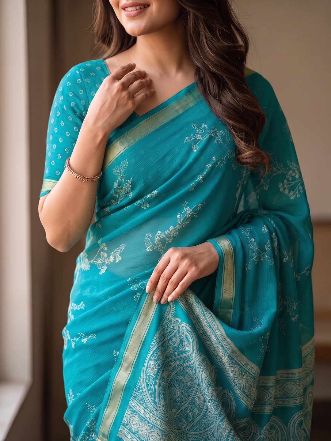 Peachmode Turquoise Floral Paisley Moss Georgette Digital Printed Saree With Zari Border - Image 4