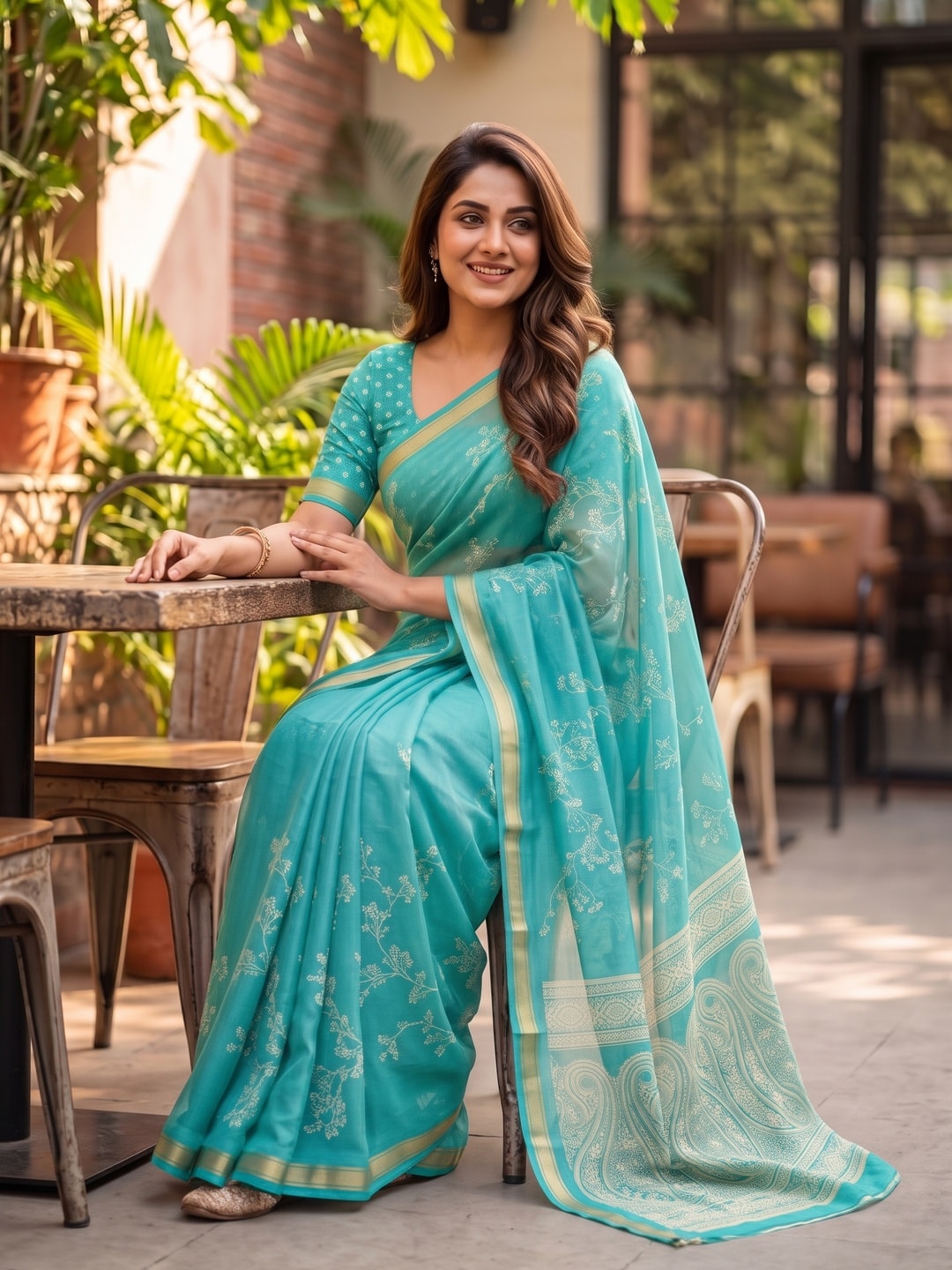 Peachmode Turquoise Floral Paisley Moss Georgette Digital Printed Saree With Zari Border - Image 5