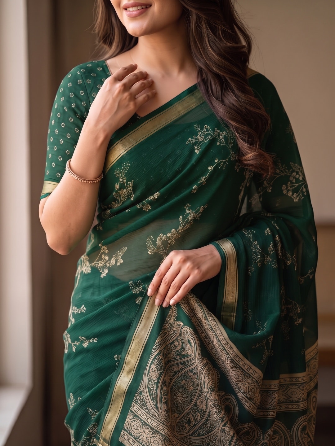 Peachmode Bottle Green Floral Paisley Moss Georgette Digital Printed Saree With Zari Border - Image 4