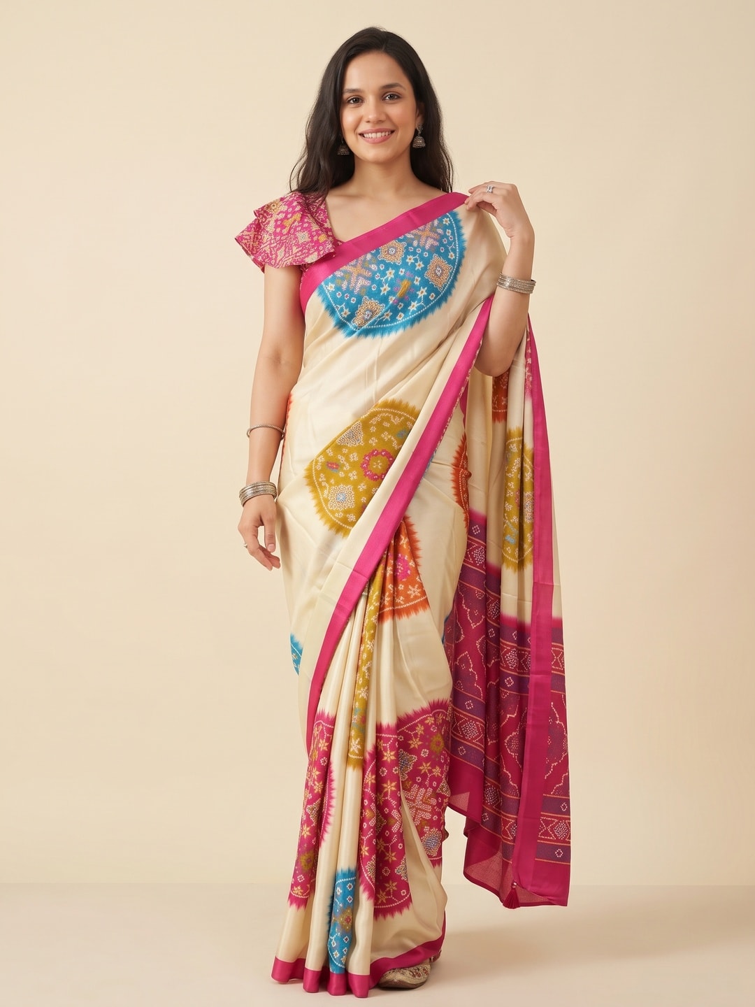 Peachmode Pink Patola Print Chinon Saree - Image 1