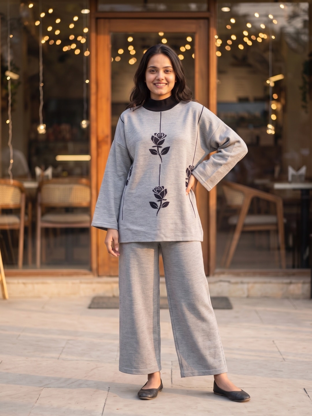 Peachmode Grey Woolen Co-ord Set with Rose Jacquard Top and Palazzo - Image 1