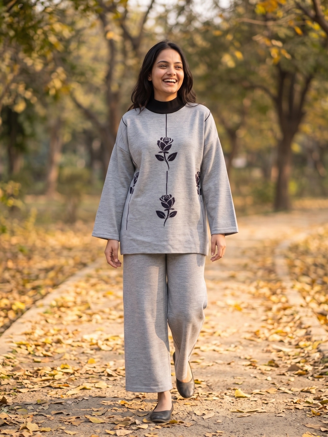 Peachmode Grey Woolen Co-ord Set with Rose Jacquard Top and Palazzo - Image 2