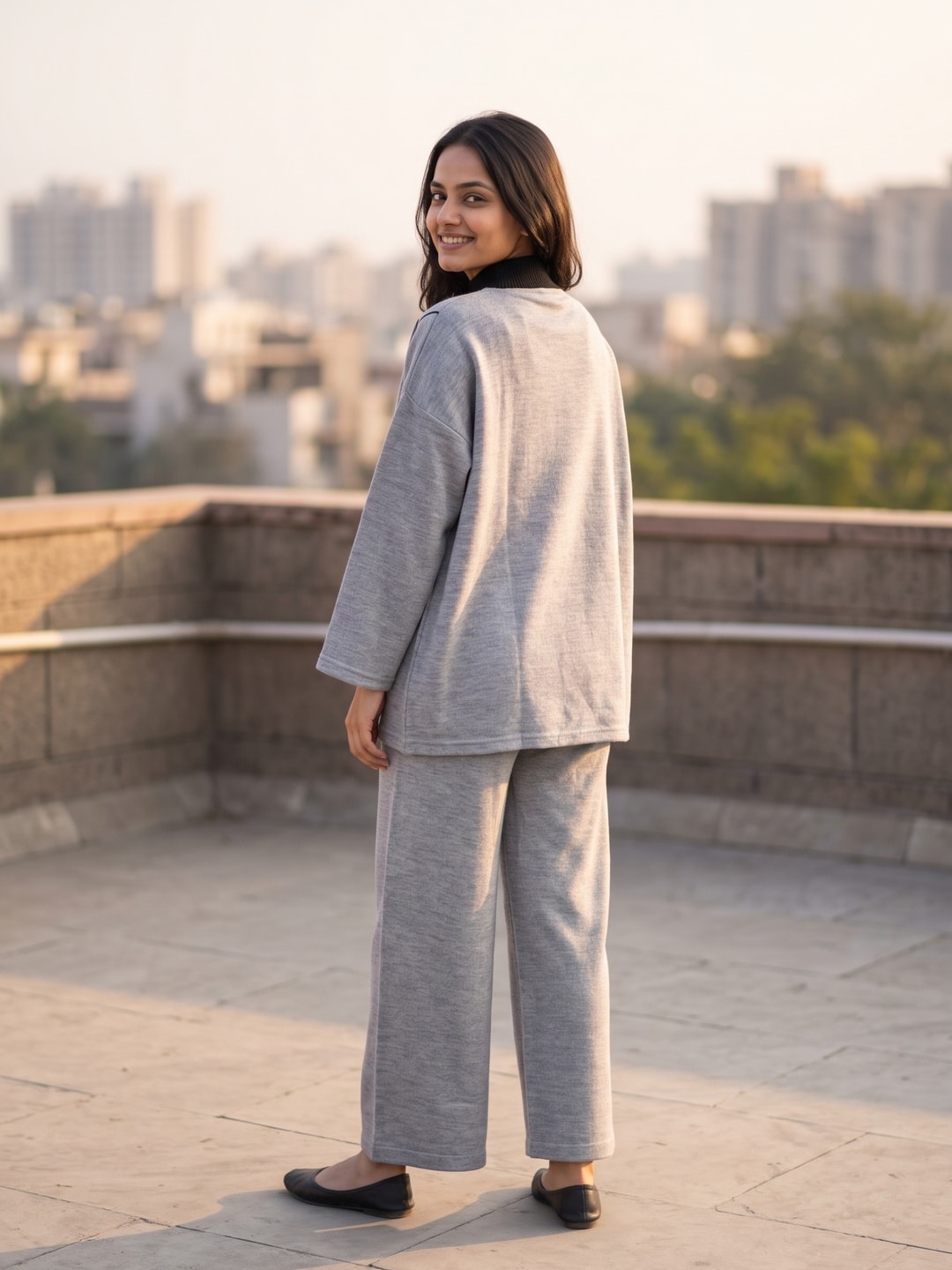 Peachmode Grey Woolen Co-ord Set with Rose Jacquard Top and Palazzo - Image 4
