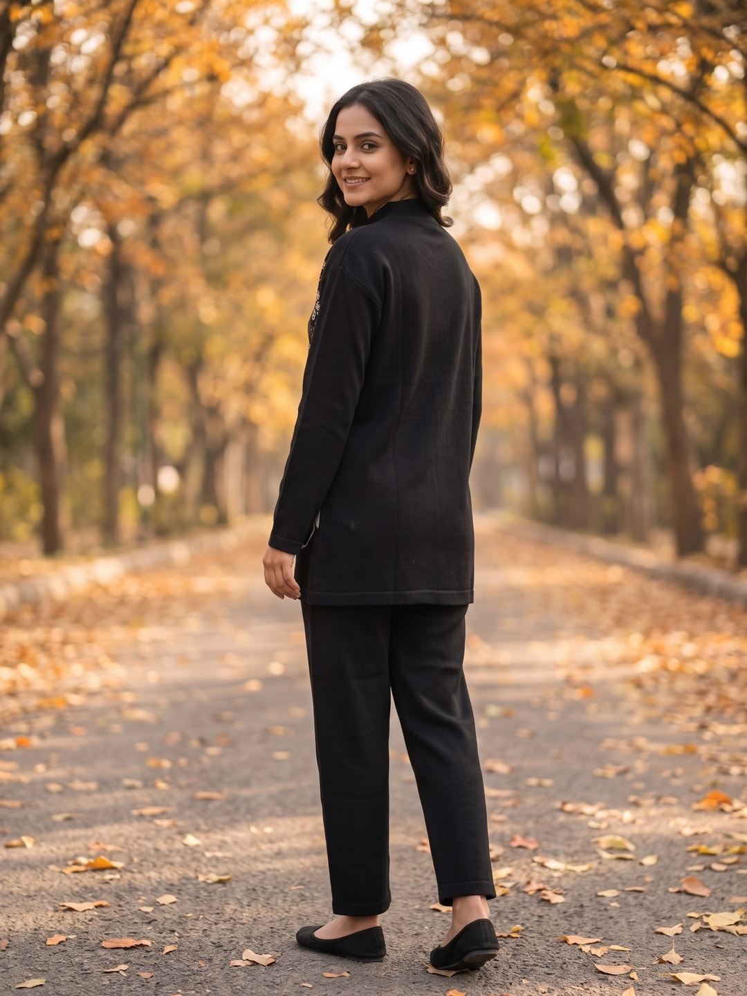 Peachmode Black Woolen Co-ord Set with Floral Jacquard Top and Pants - Image 4