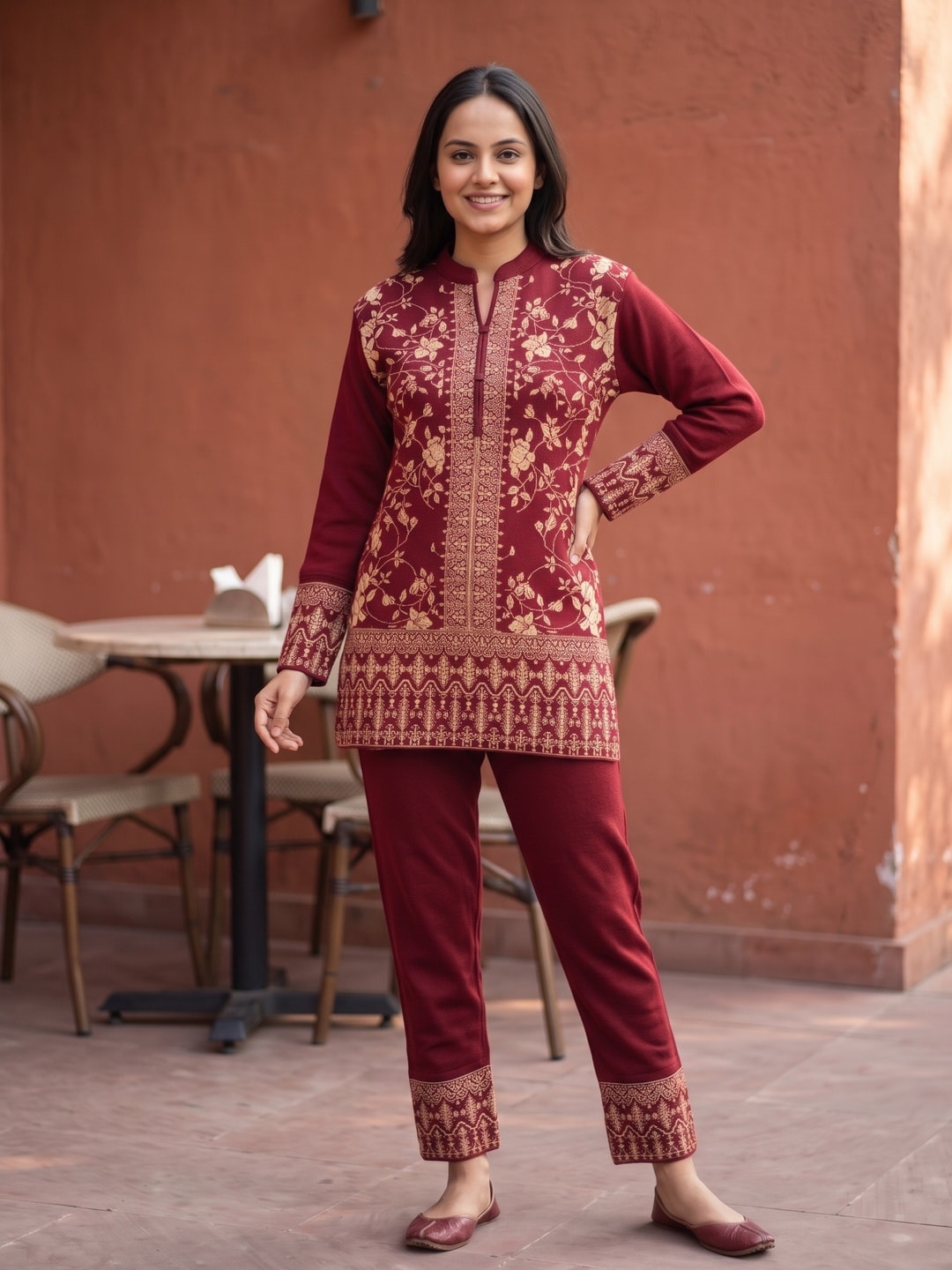 Peachmode Maroon Woolen Co-ord Set with Embroidered Short Kurta and Pants - Image 1