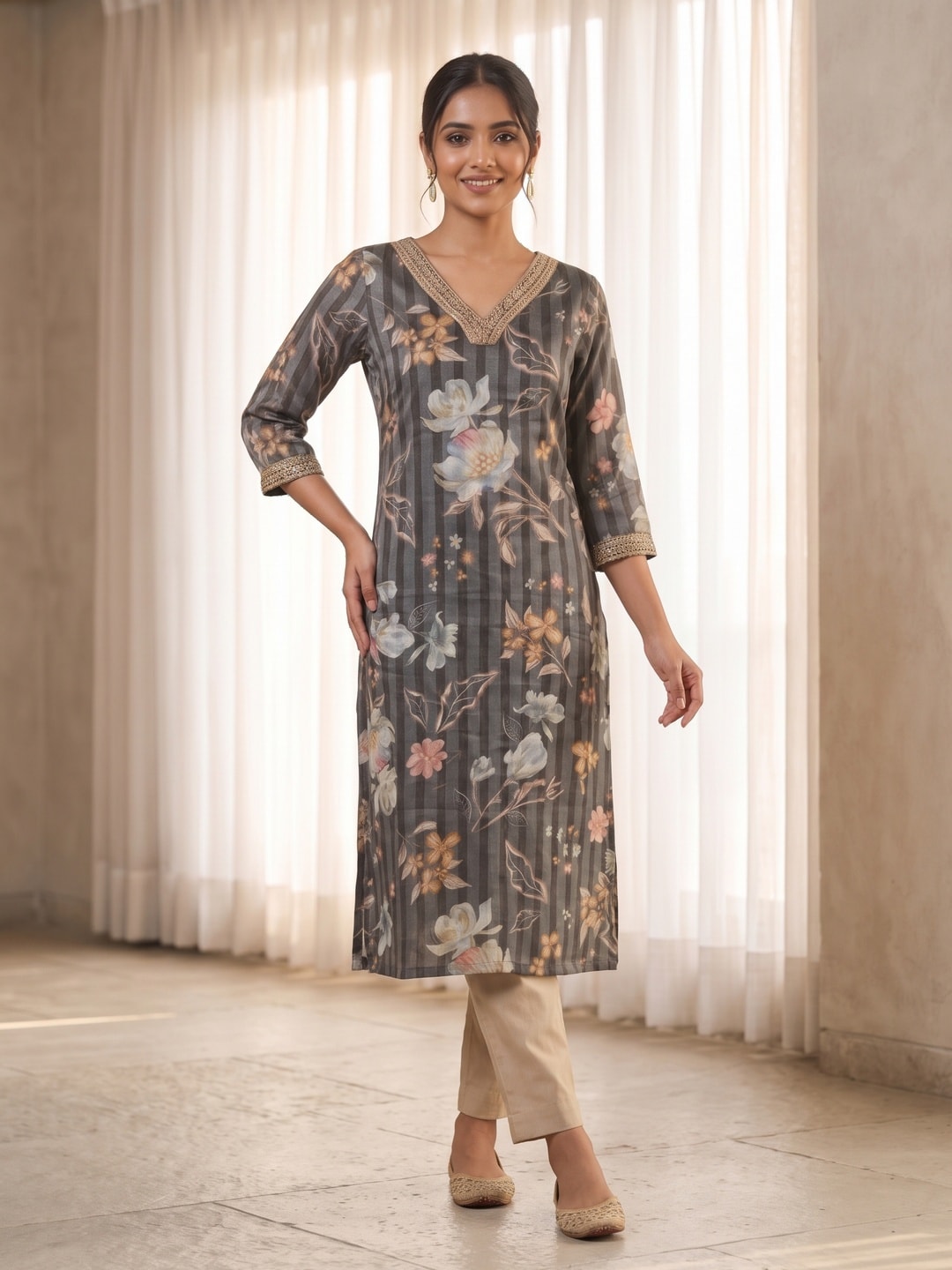 Peachmode Grey Rayon Floral Striped Print Kurti with Embellished V Neck - Image 1