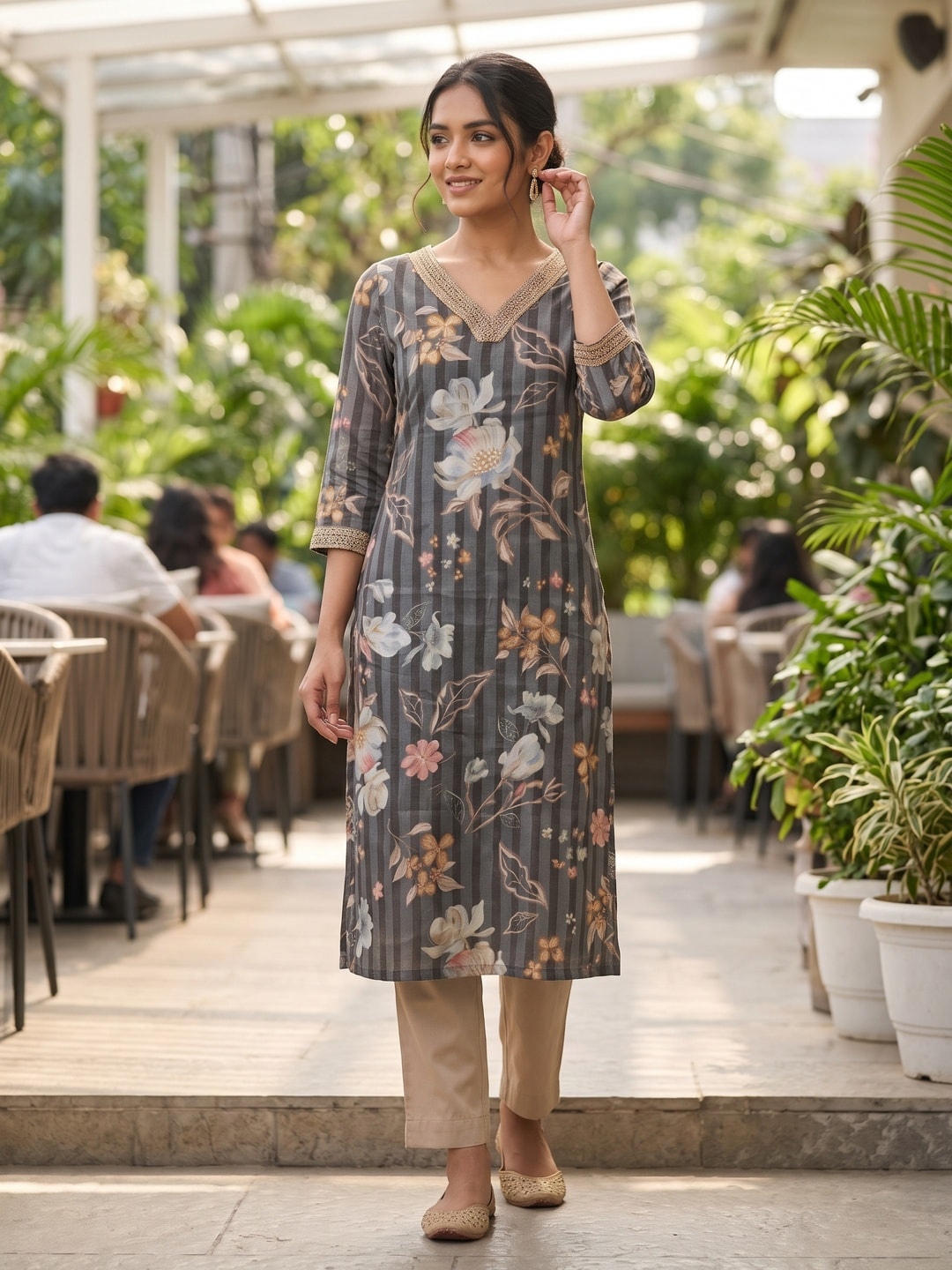 Peachmode Grey Rayon Floral Striped Print Kurti with Embellished V Neck - Image 2
