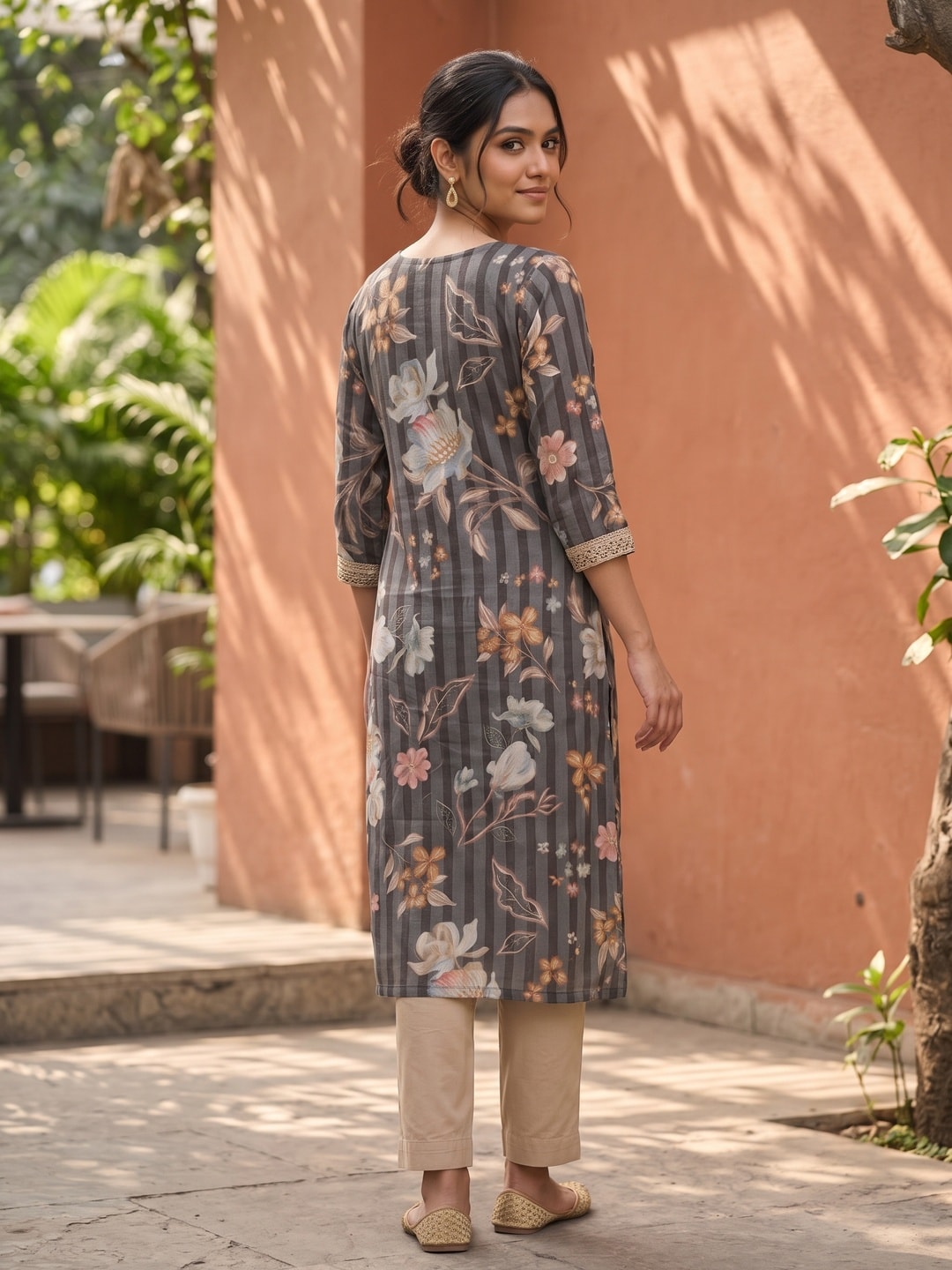 Peachmode Grey Rayon Floral Striped Print Kurti with Embellished V Neck - Image 4